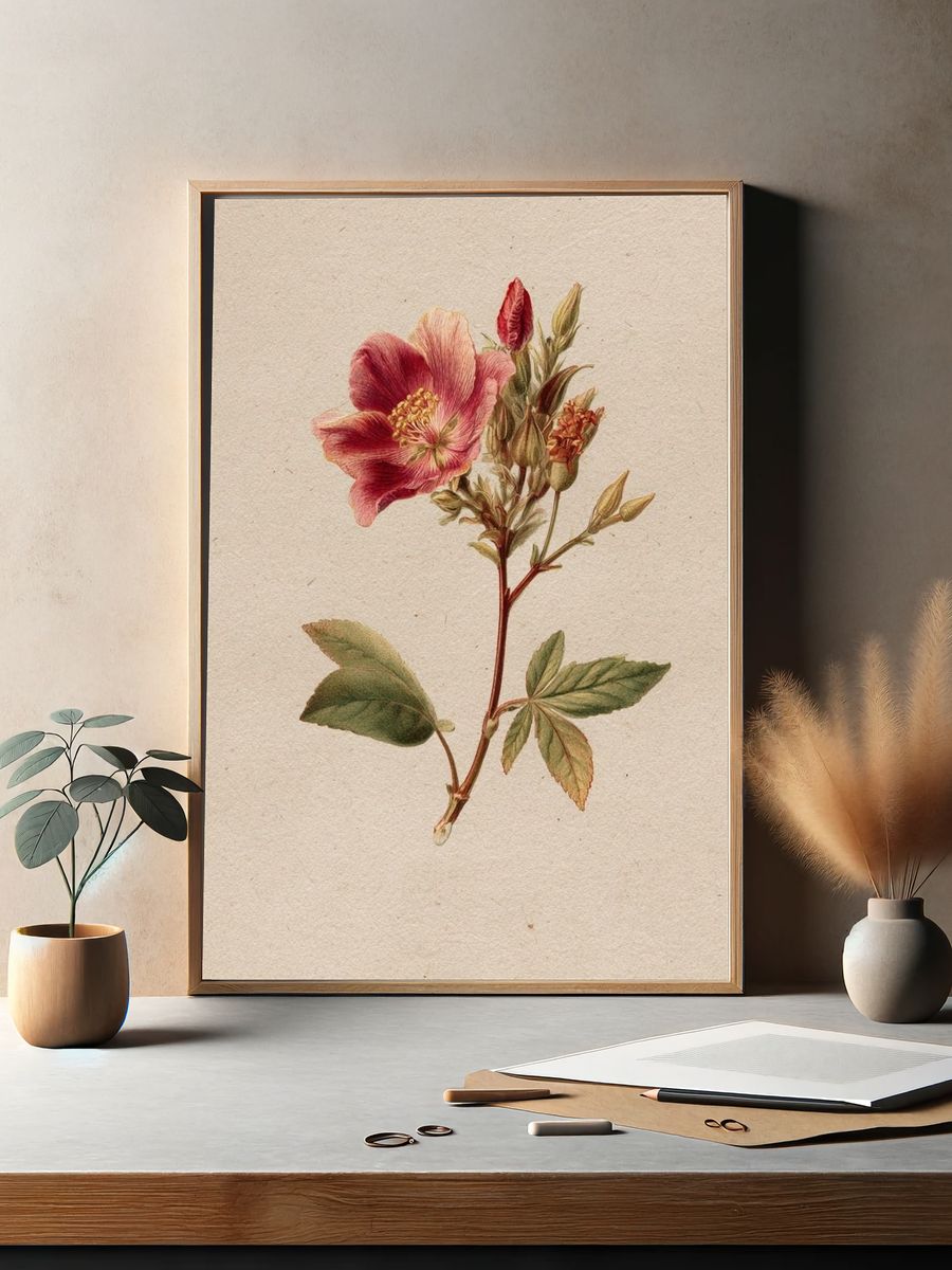 Vintage Pink Flower Botanical Print. — room view 2