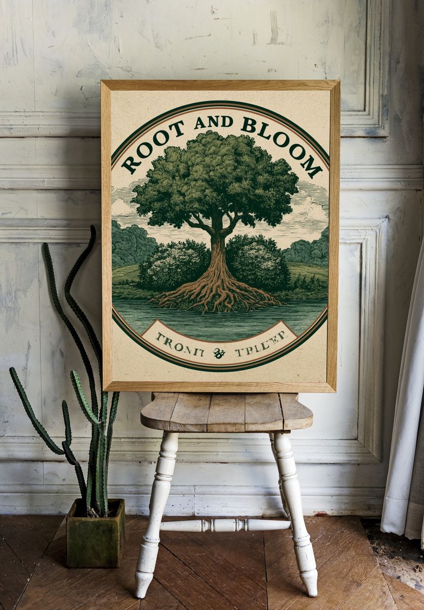 Root and Bloom Tree Vintage Poster. room preview