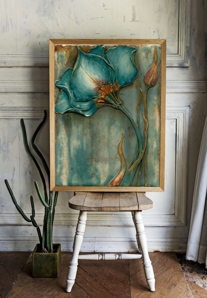 Teal Floral Relief Poster. room preview