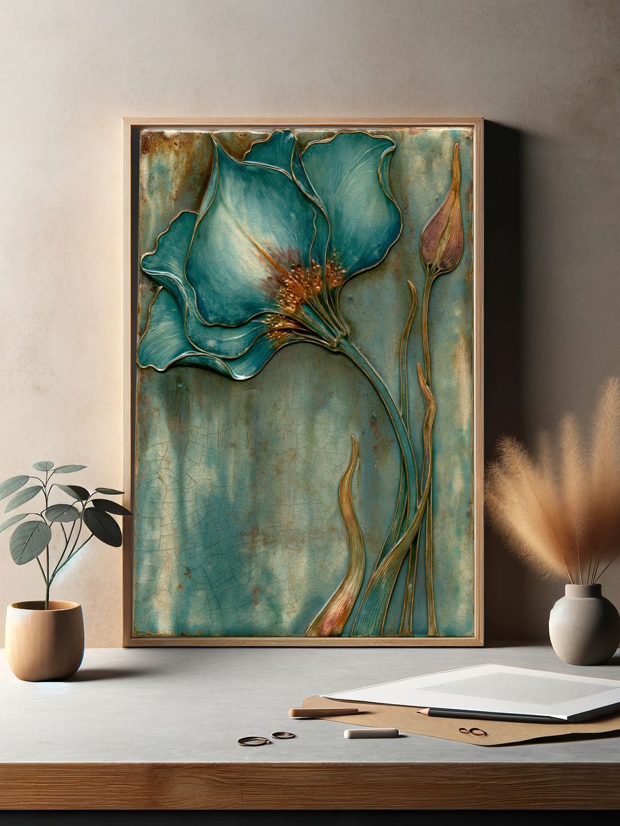 Teal Floral Relief Poster. — room view 2