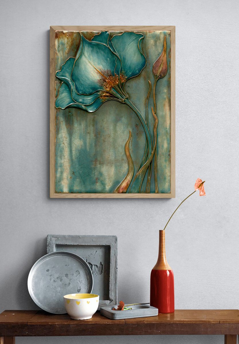 Teal Floral Relief Poster. — room view 3