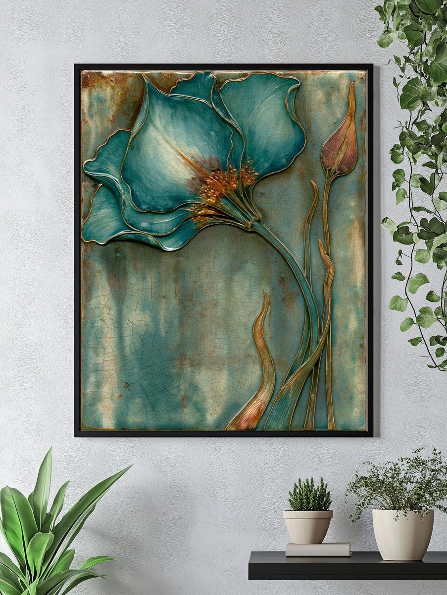 Teal Floral Relief Poster. — room view 4