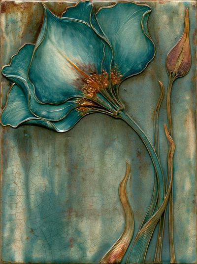 Teal Floral Relief Poster.