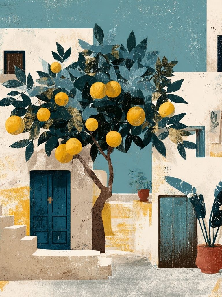 Mediterranean Lemon Courtyard Print. poster detail