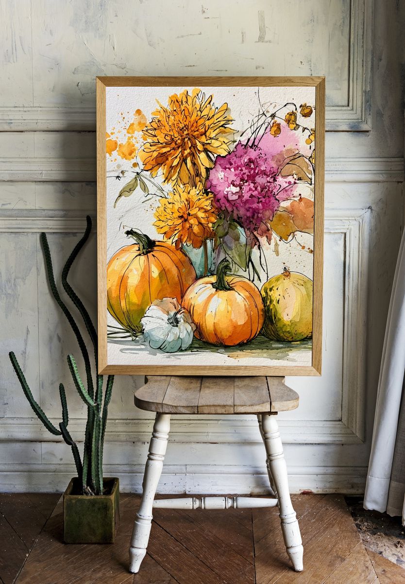 Autumn Pumpkins and Flowers Watercolor Poster. room preview