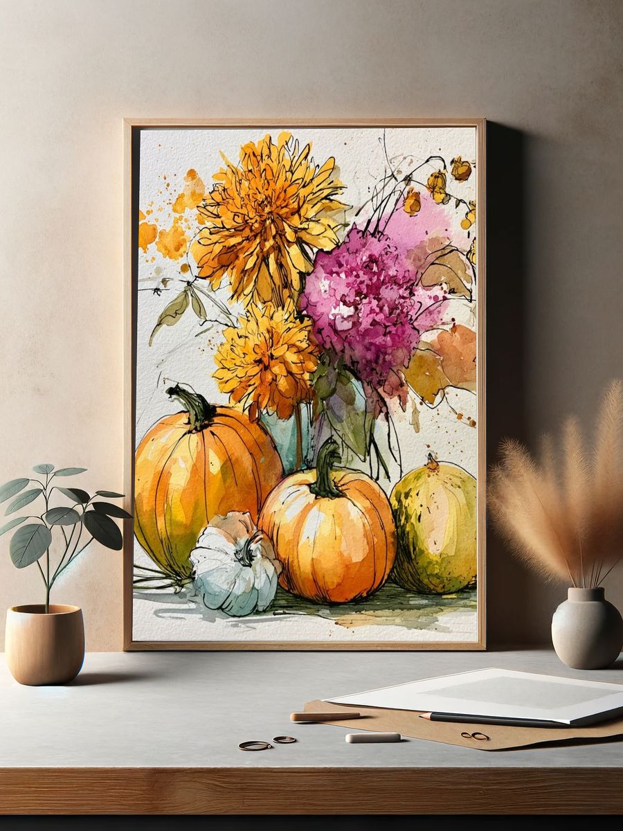 Autumn Pumpkins and Flowers Watercolor Poster. — room view 2