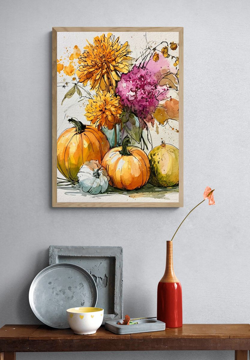 Autumn Pumpkins and Flowers Watercolor Poster. — room view 3