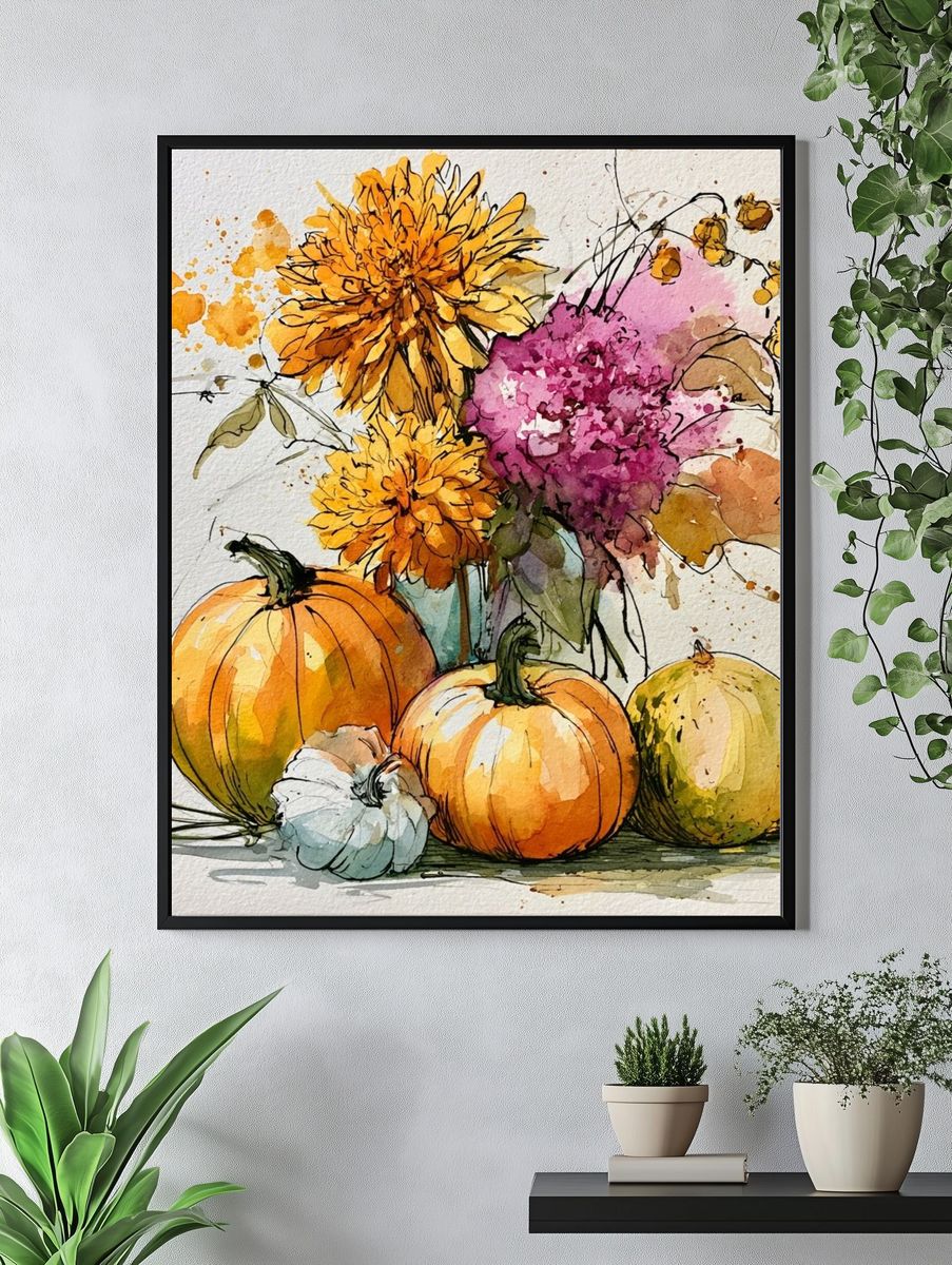 Autumn Pumpkins and Flowers Watercolor Poster. — room view 4