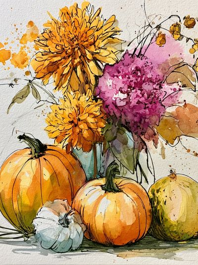 Autumn Pumpkins and Flowers Watercolor Poster.