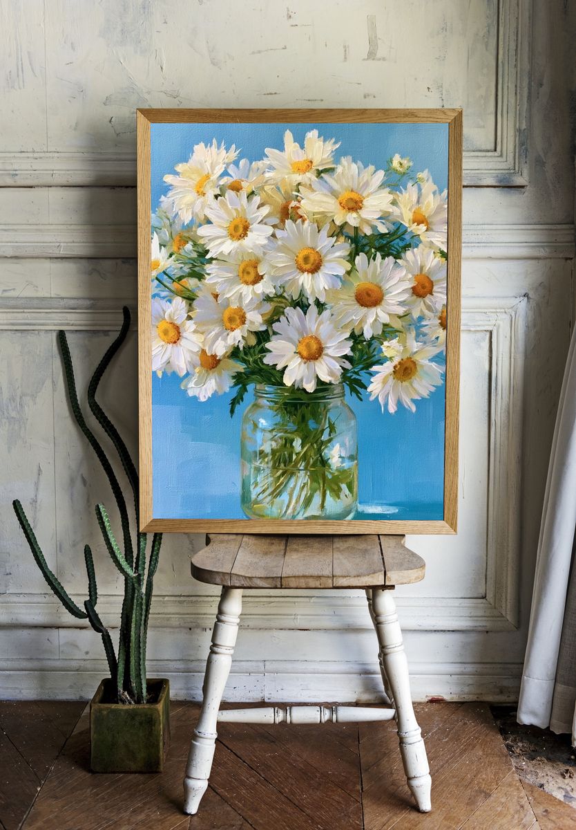 Daisy Bouquet in Blue Vase Poster. room preview