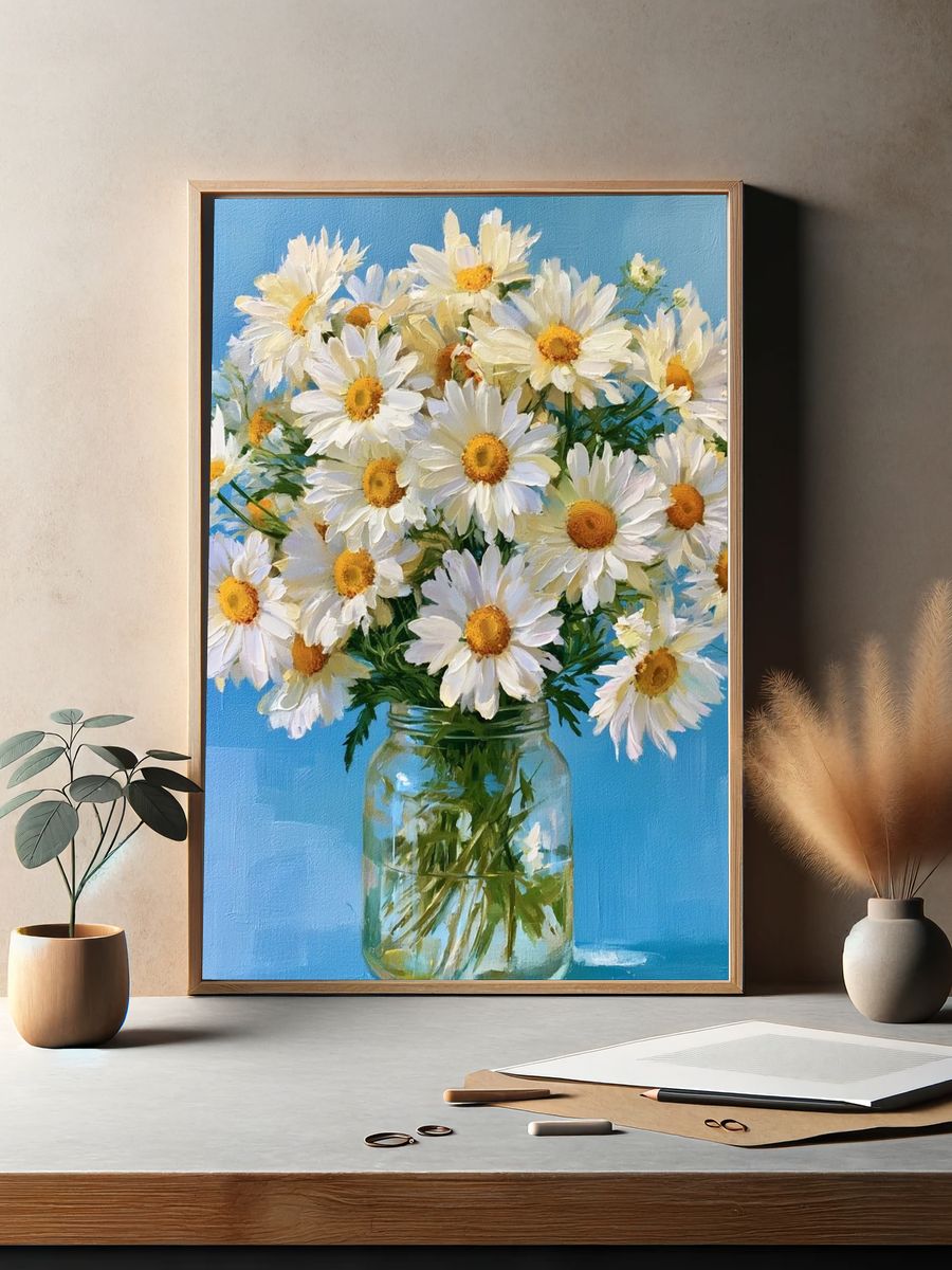 Daisy Bouquet in Blue Vase Poster. — room view 2