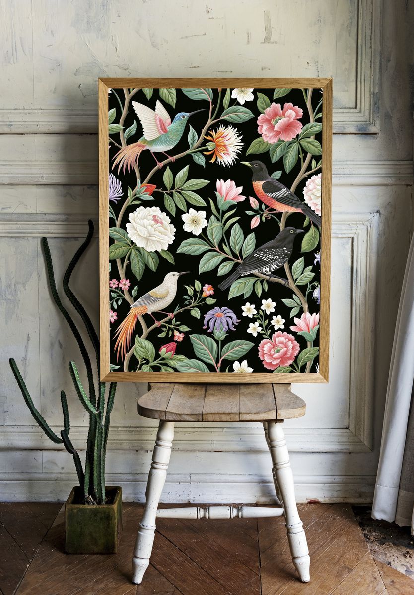 Birds and Blooms Botanical Print. room preview