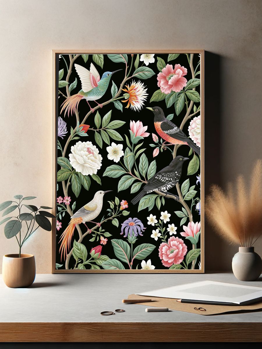 Birds and Blooms Botanical Print. — room view 2