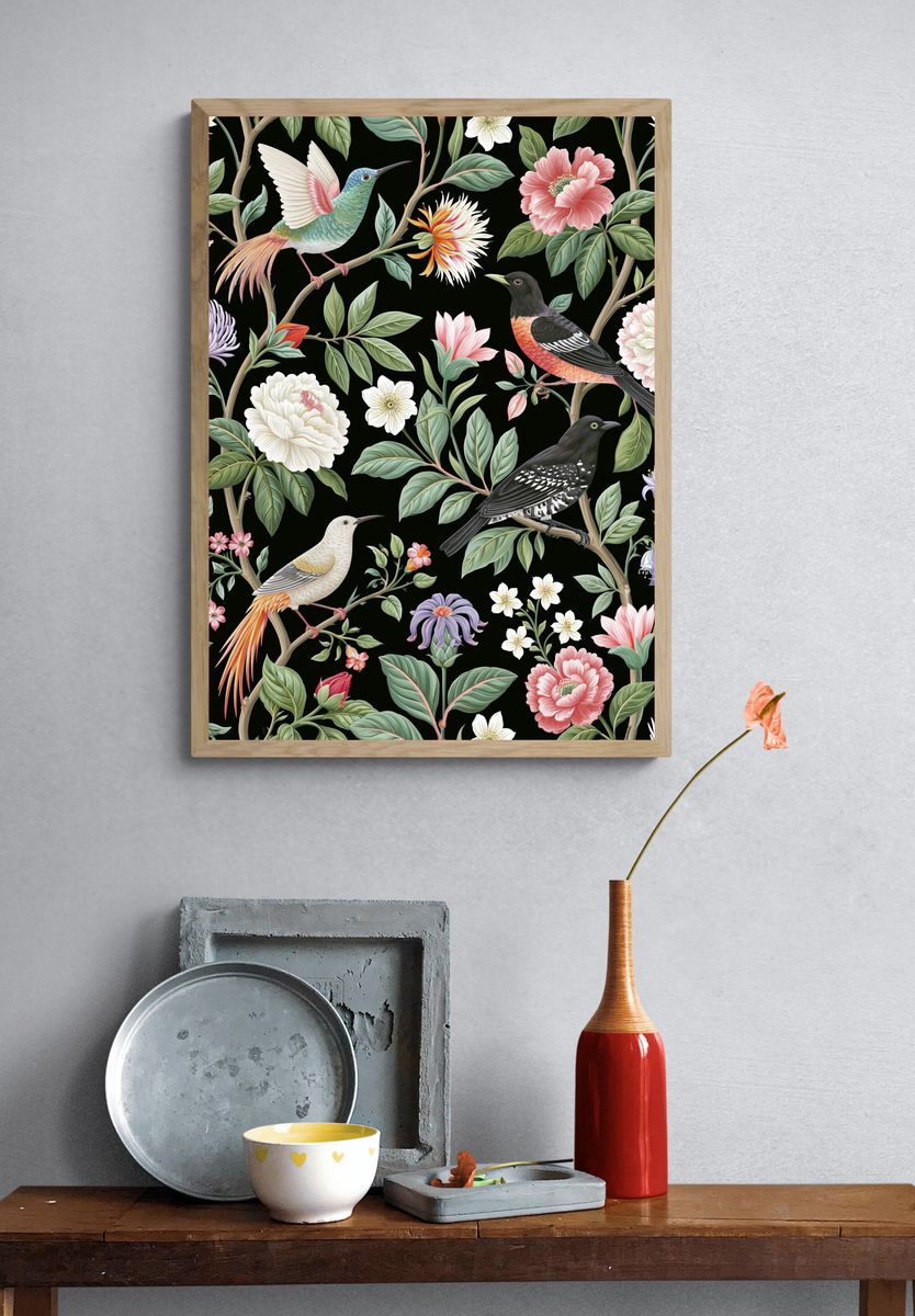 Birds and Blooms Botanical Print. — room view 3