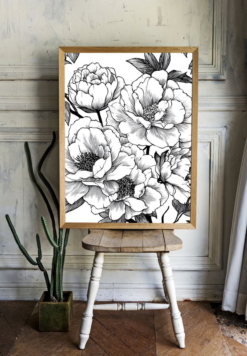 Peony Bloom Line Art Poster. — room view 1