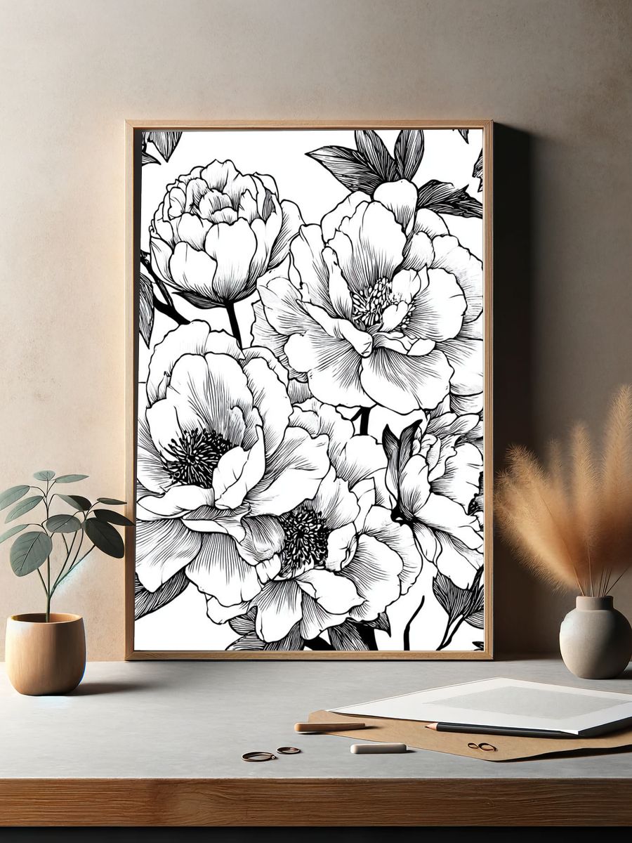 Peony Bloom Line Art Poster. — room view 2