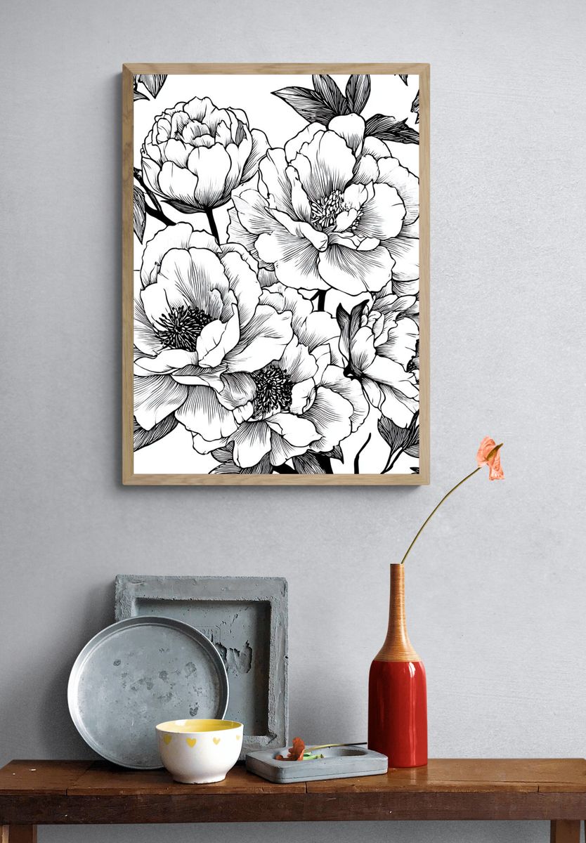 Peony Bloom Line Art Poster. — room view 3