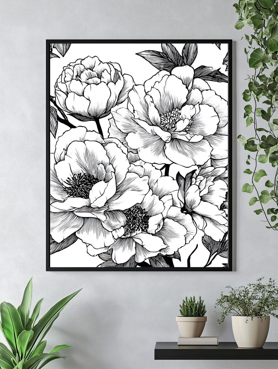Peony Bloom Line Art Poster. — room view 4