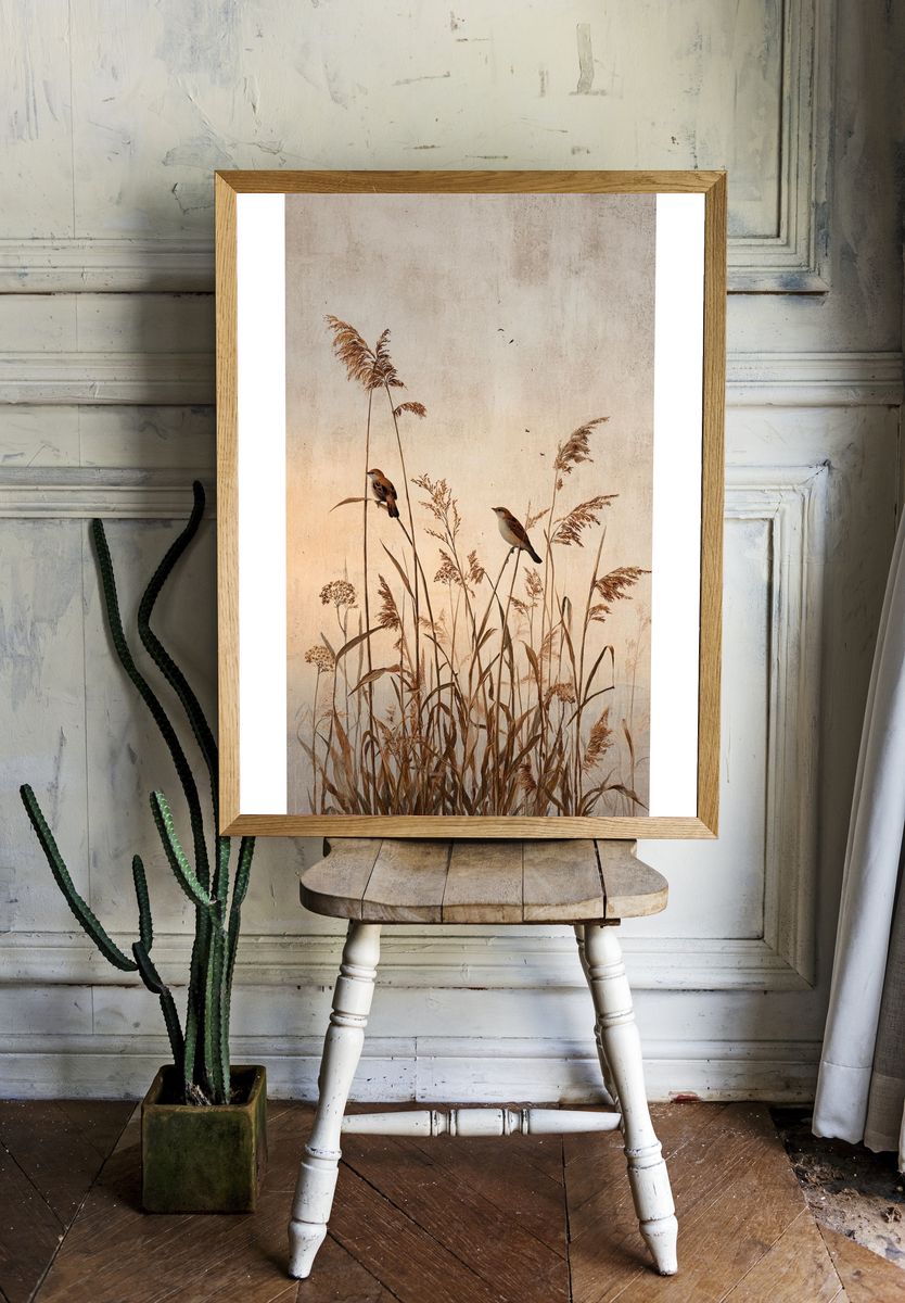 Reed Birds Botanical Print. room preview