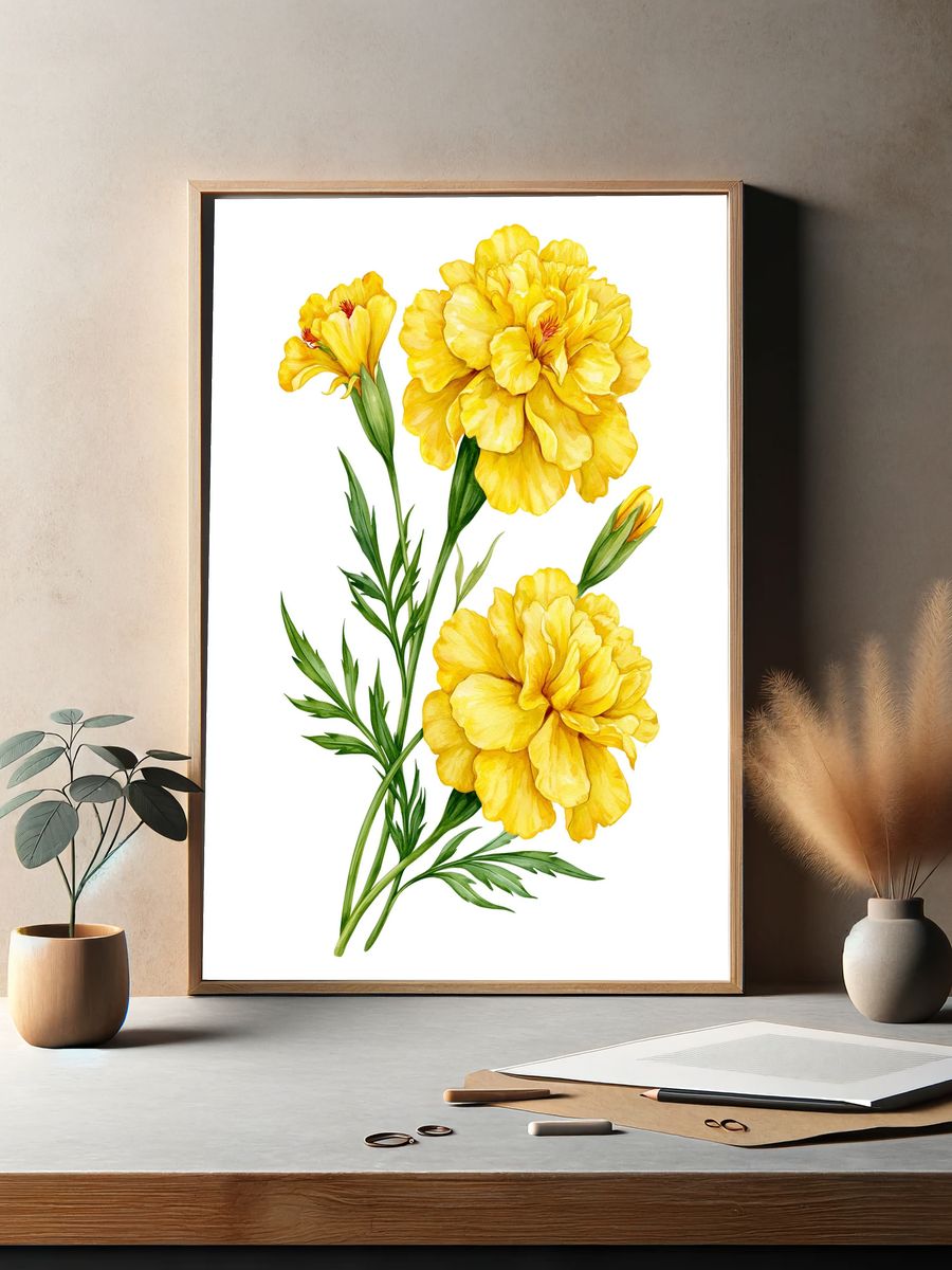 Yellow Marigold Botanical Print. — room view 2