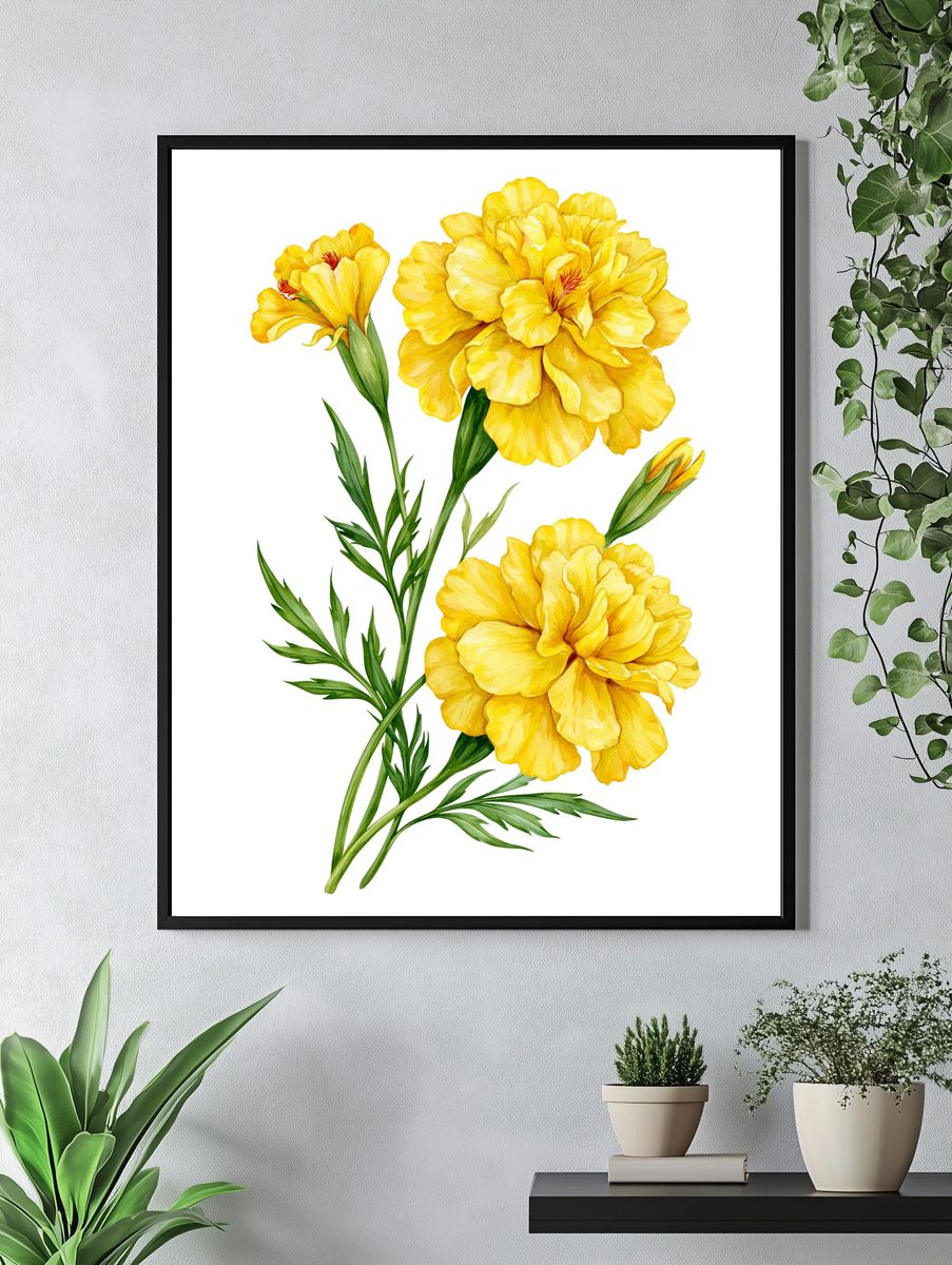 Yellow Marigold Botanical Print. — room view 4