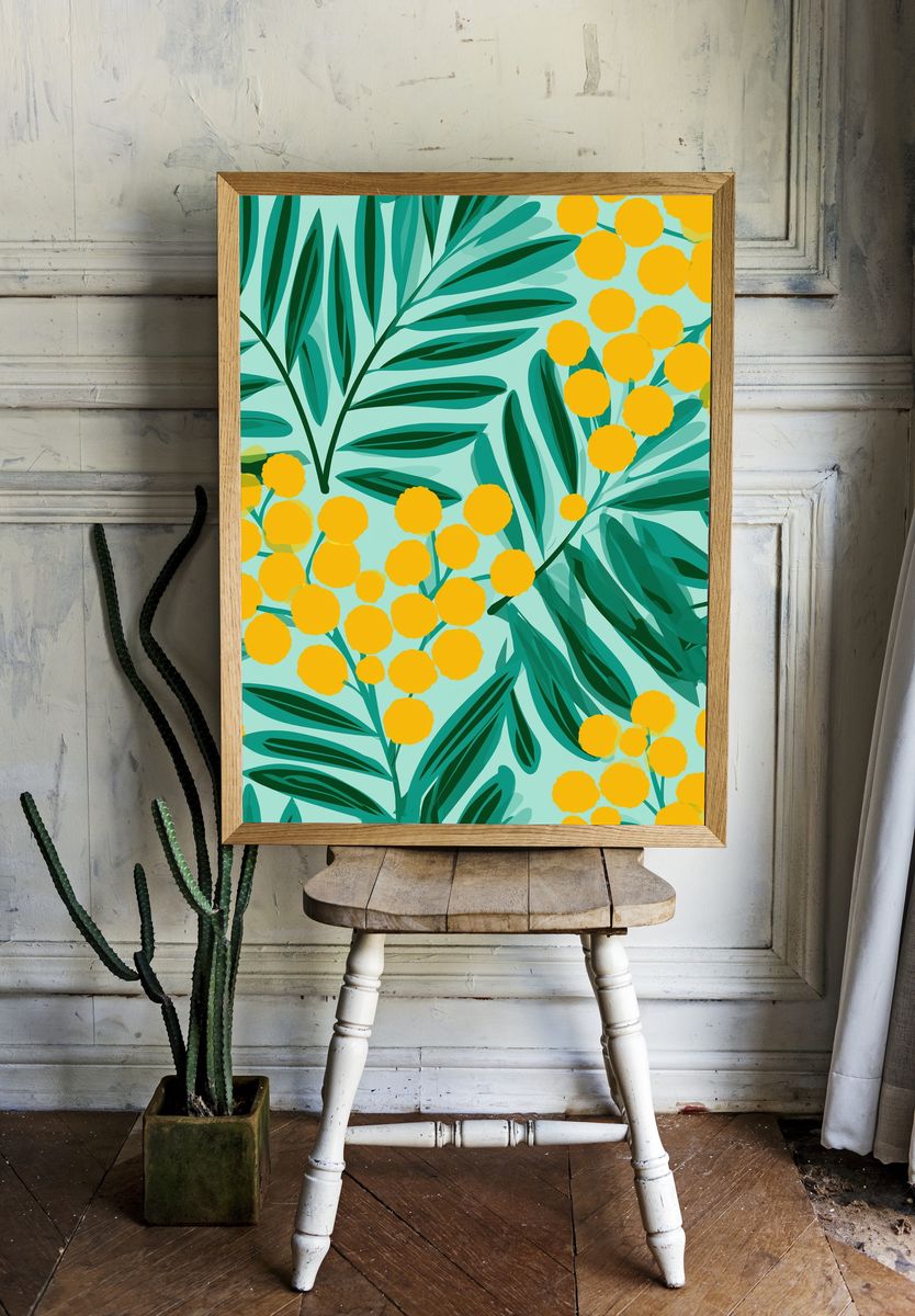 Mimosa Leaves Botanical Print. room preview