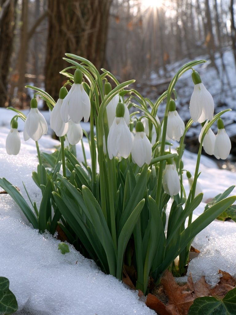 Snowdrop Blooms in Winter Forest Poster. poster detail
