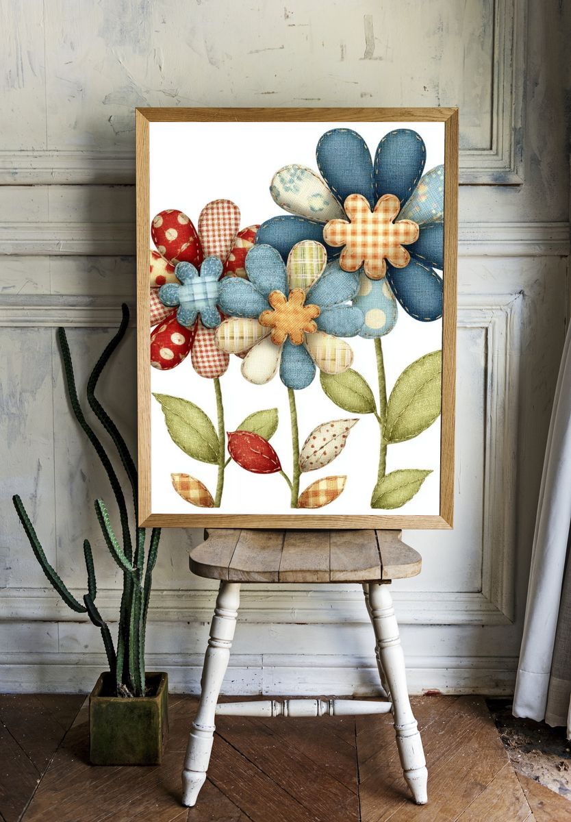 Patchwork Flowers Botanical Print. room preview