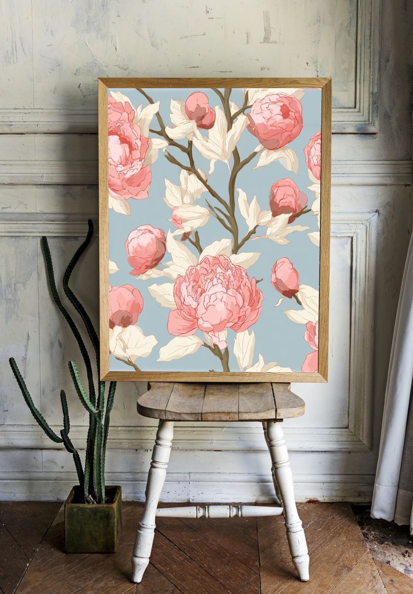 Pink Peonies Botanical Print. room preview