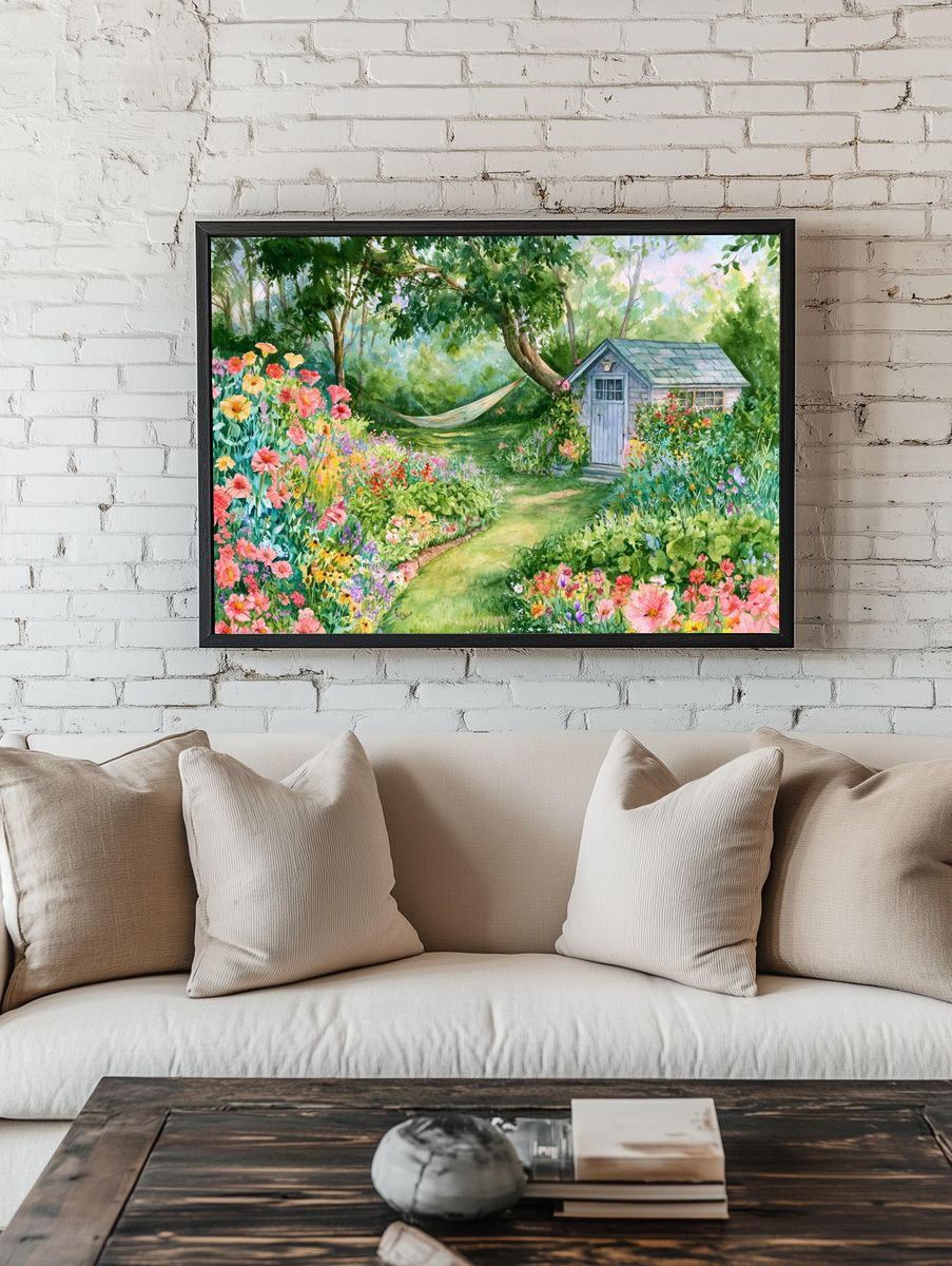 Cottage Garden Watercolor Print. room preview