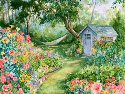 Cottage Garden Watercolor Print. poster
