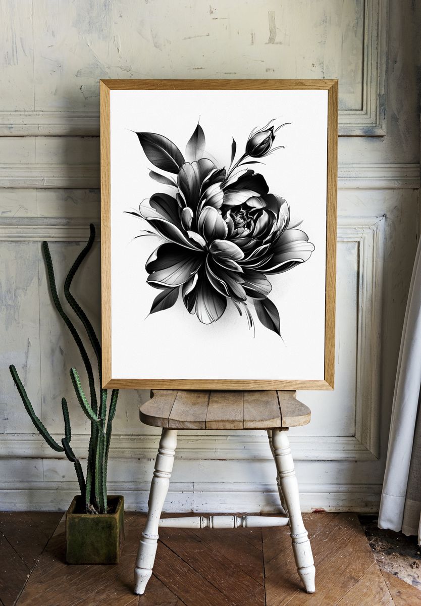 Monochrome Floral Bloom Print. room preview