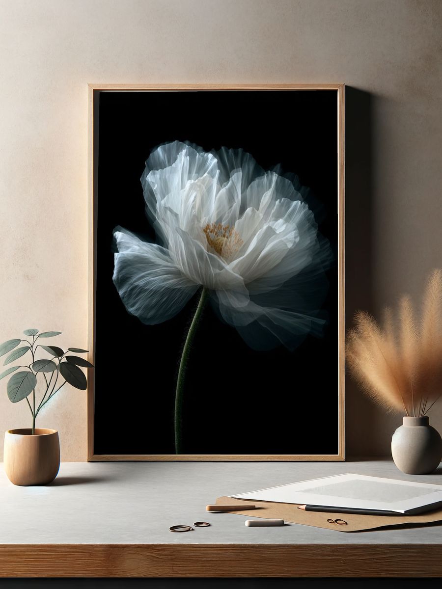 White Poppy Bloom Photography Poster. — room view 2