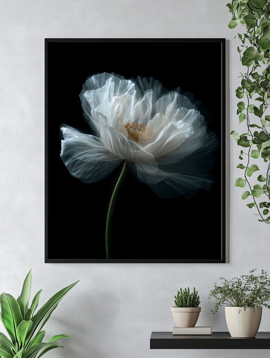 White Poppy Bloom Photography Poster. — room view 4