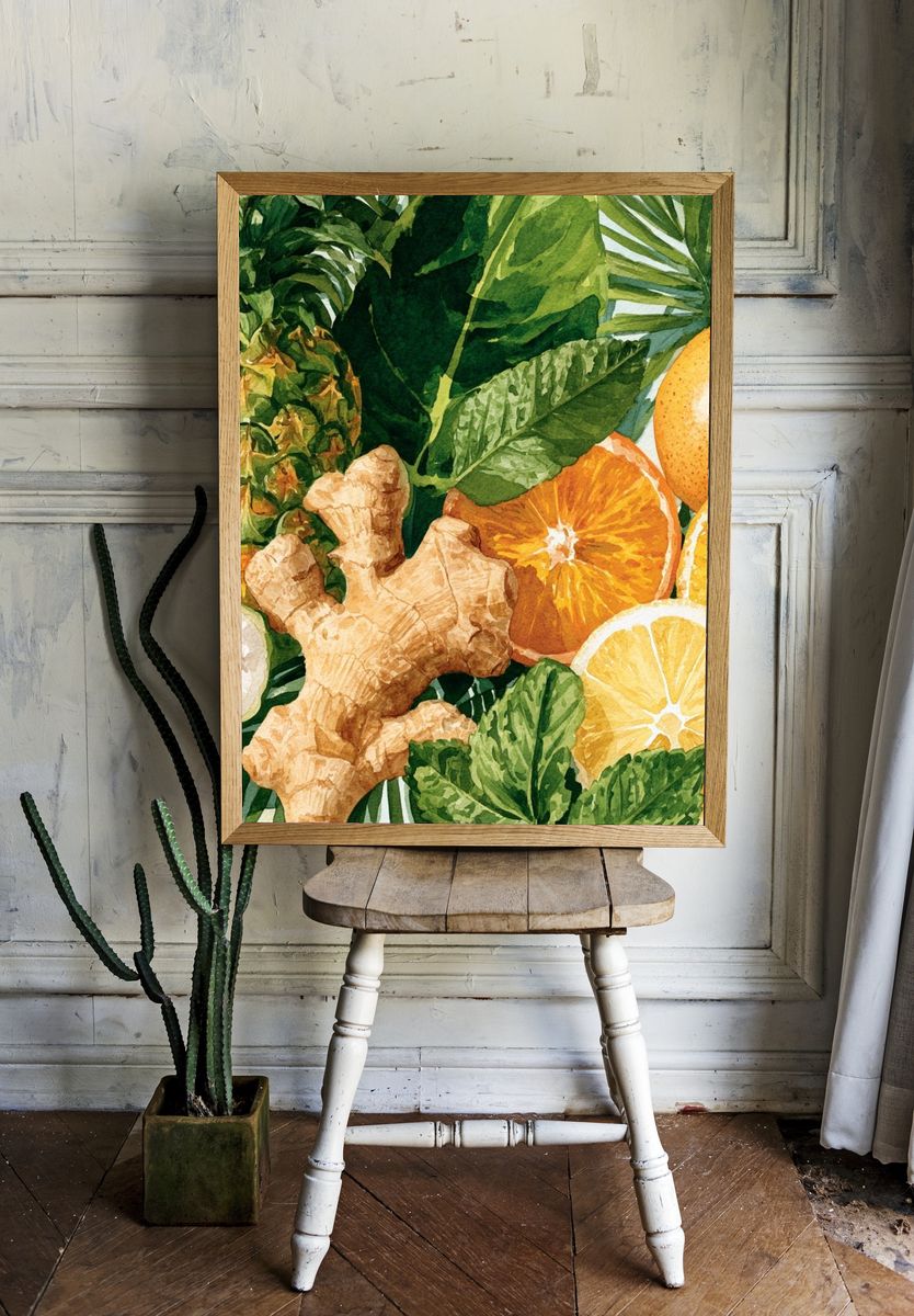Tropical Citrus and Ginger Watercolor Print. room preview
