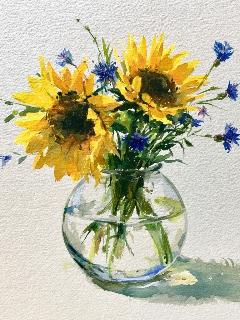 Sunflowers in Vase Watercolor Print. poster detail