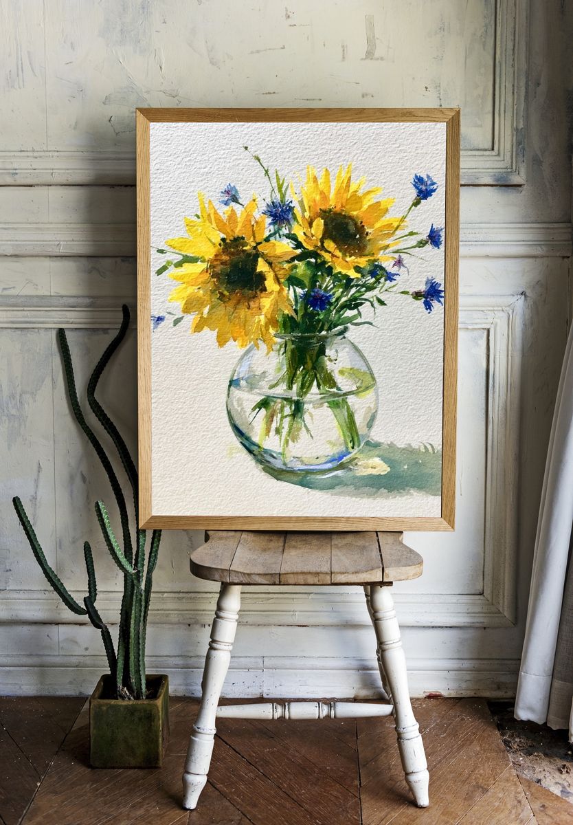 Sunflowers in Vase Watercolor Print. room preview