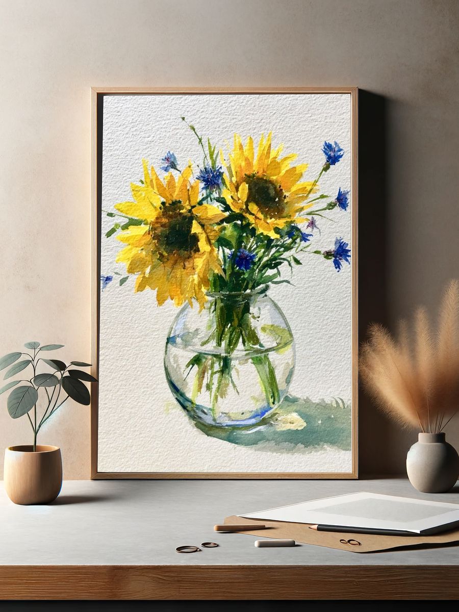 Sunflowers in Vase Watercolor Print. — room view 2
