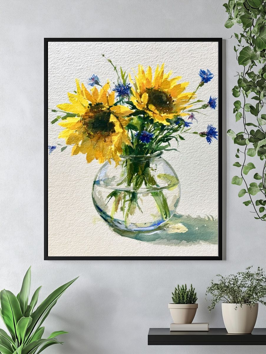 Sunflowers in Vase Watercolor Print. — room view 4