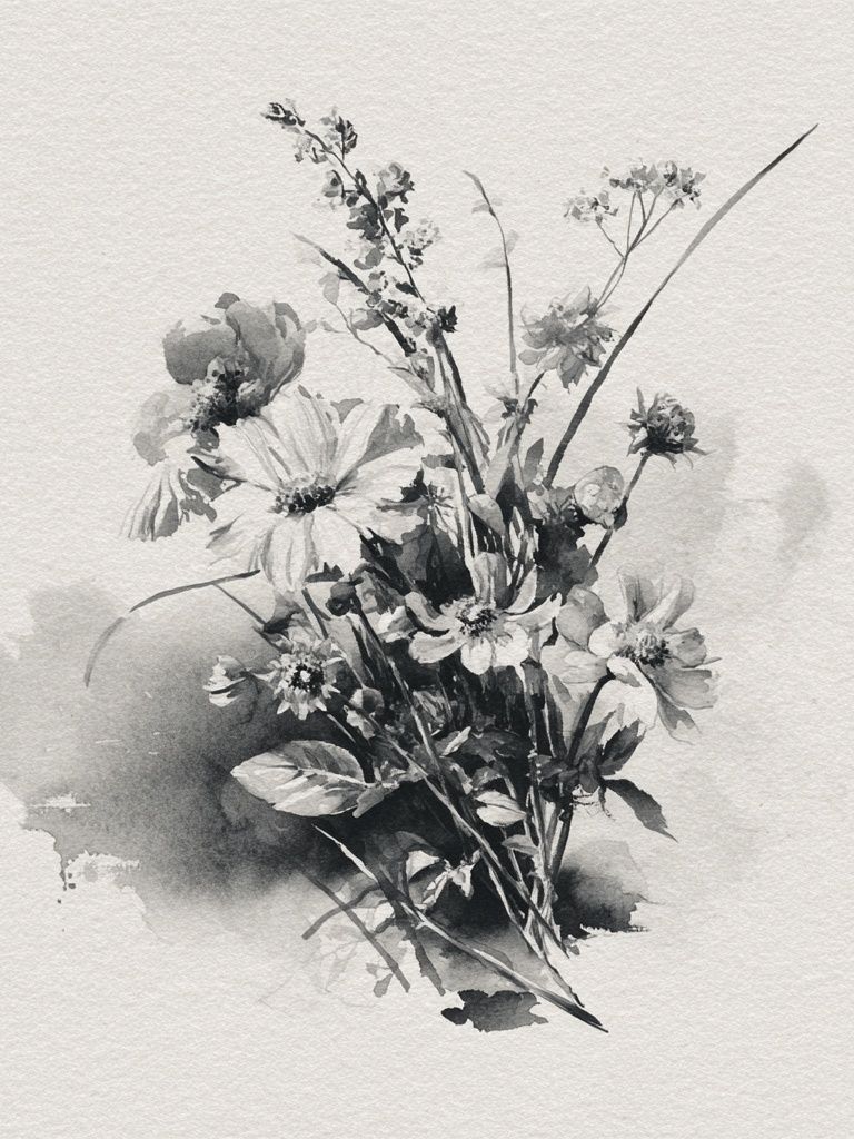 Monochrome Wildflower Bouquet Print. poster — botanical art