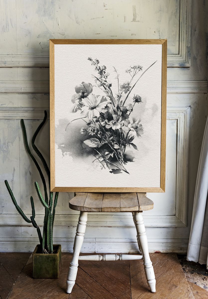 Monochrome Wildflower Bouquet Print. — room view 1