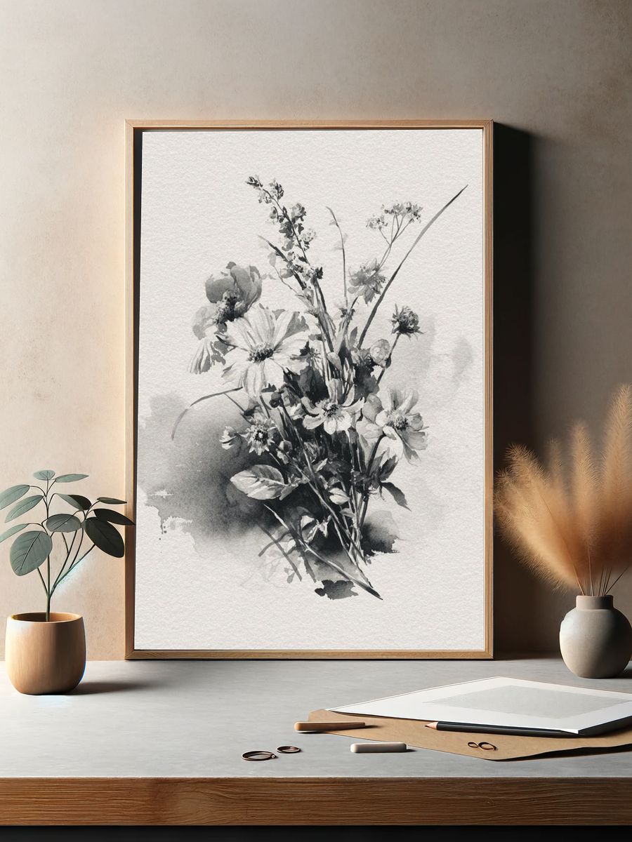 Monochrome Wildflower Bouquet Print. — room view 2