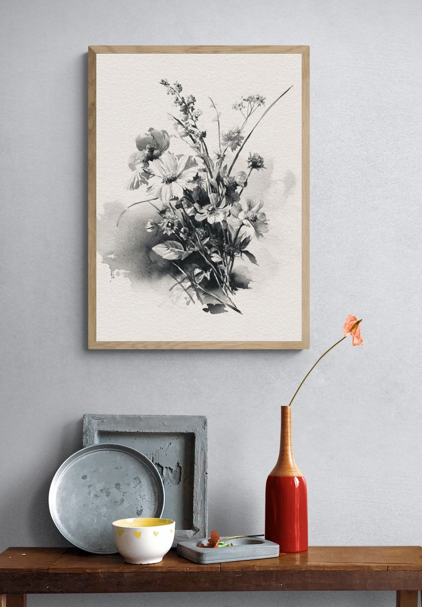 Monochrome Wildflower Bouquet Print. — room view 3