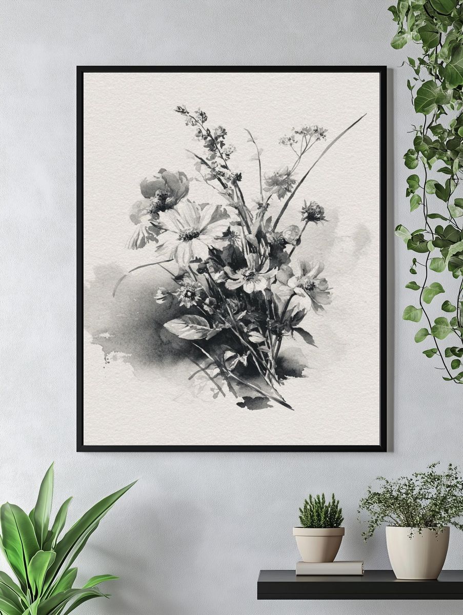 Monochrome Wildflower Bouquet Print. — room view 4