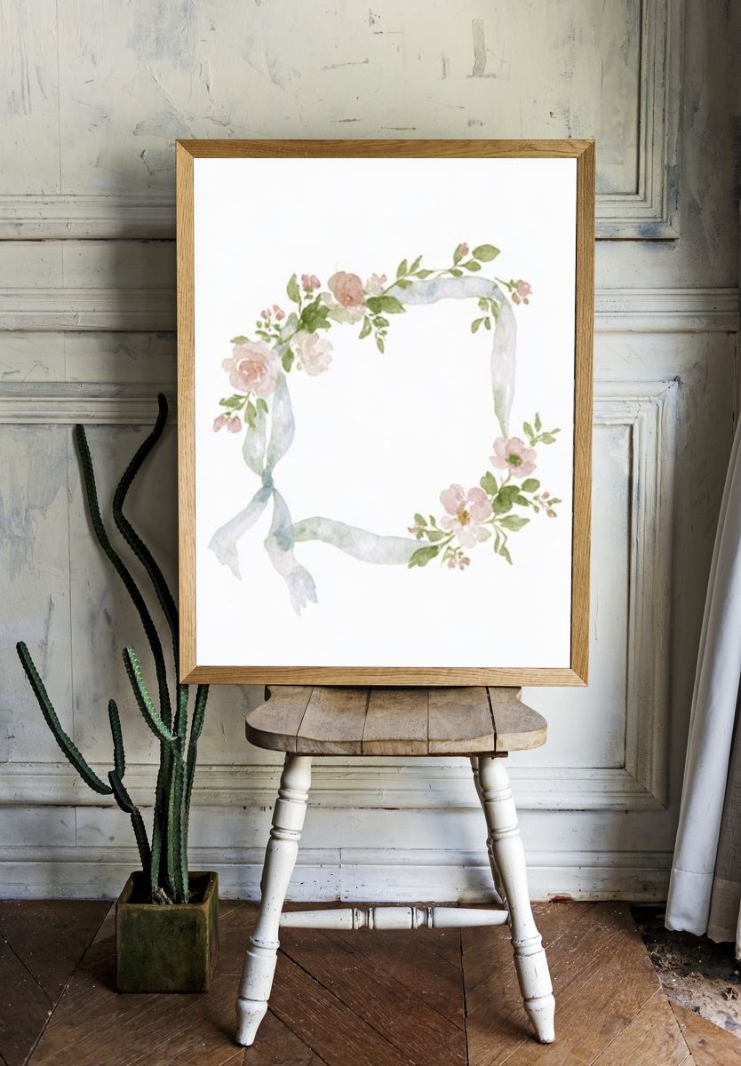 Floral Ribbon Wreath Watercolor Print. room preview