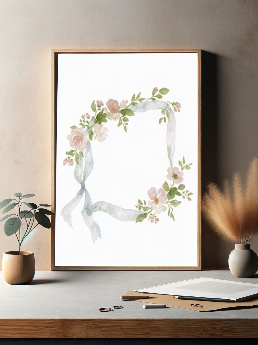 Floral Ribbon Wreath Watercolor Print. — room view 2