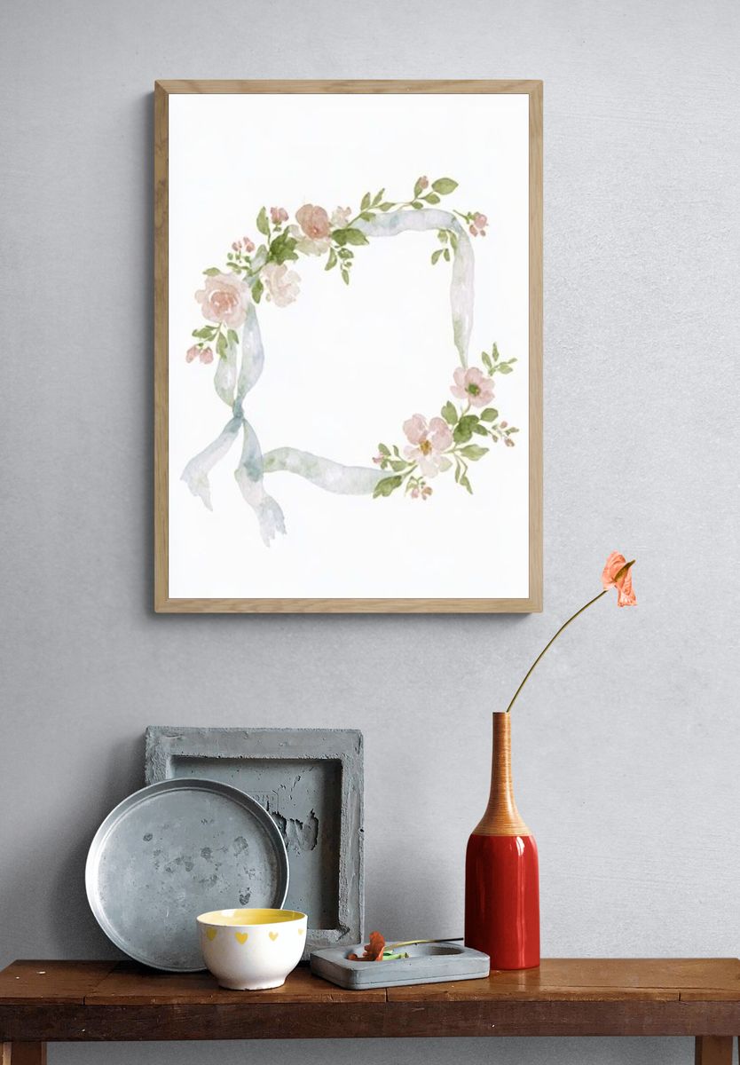 Floral Ribbon Wreath Watercolor Print. — room view 3