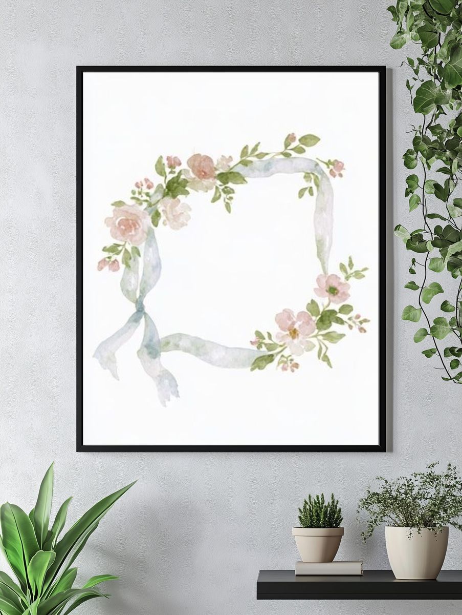 Floral Ribbon Wreath Watercolor Print. — room view 4