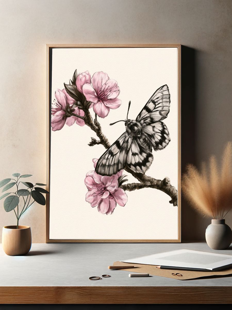 Cherry Blossom Butterfly Illustration Poster. — room view 2