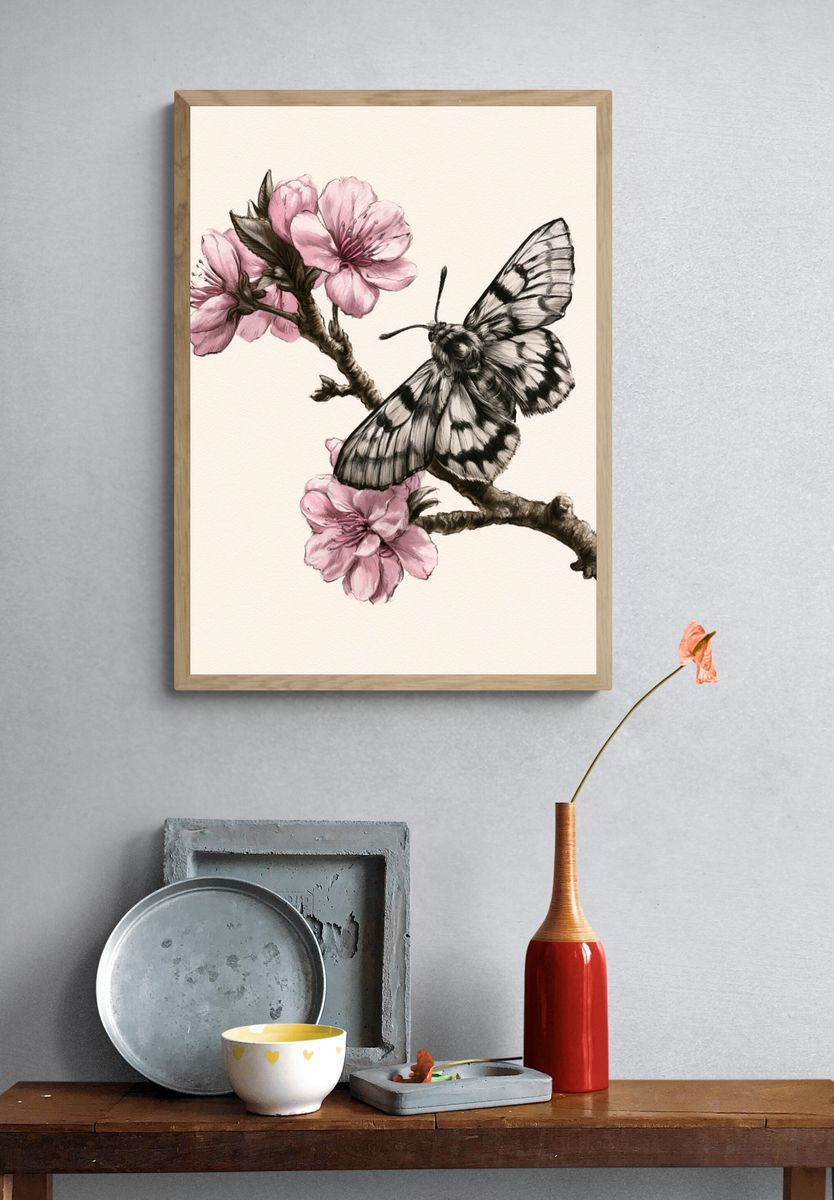 Cherry Blossom Butterfly Illustration Poster. — room view 3